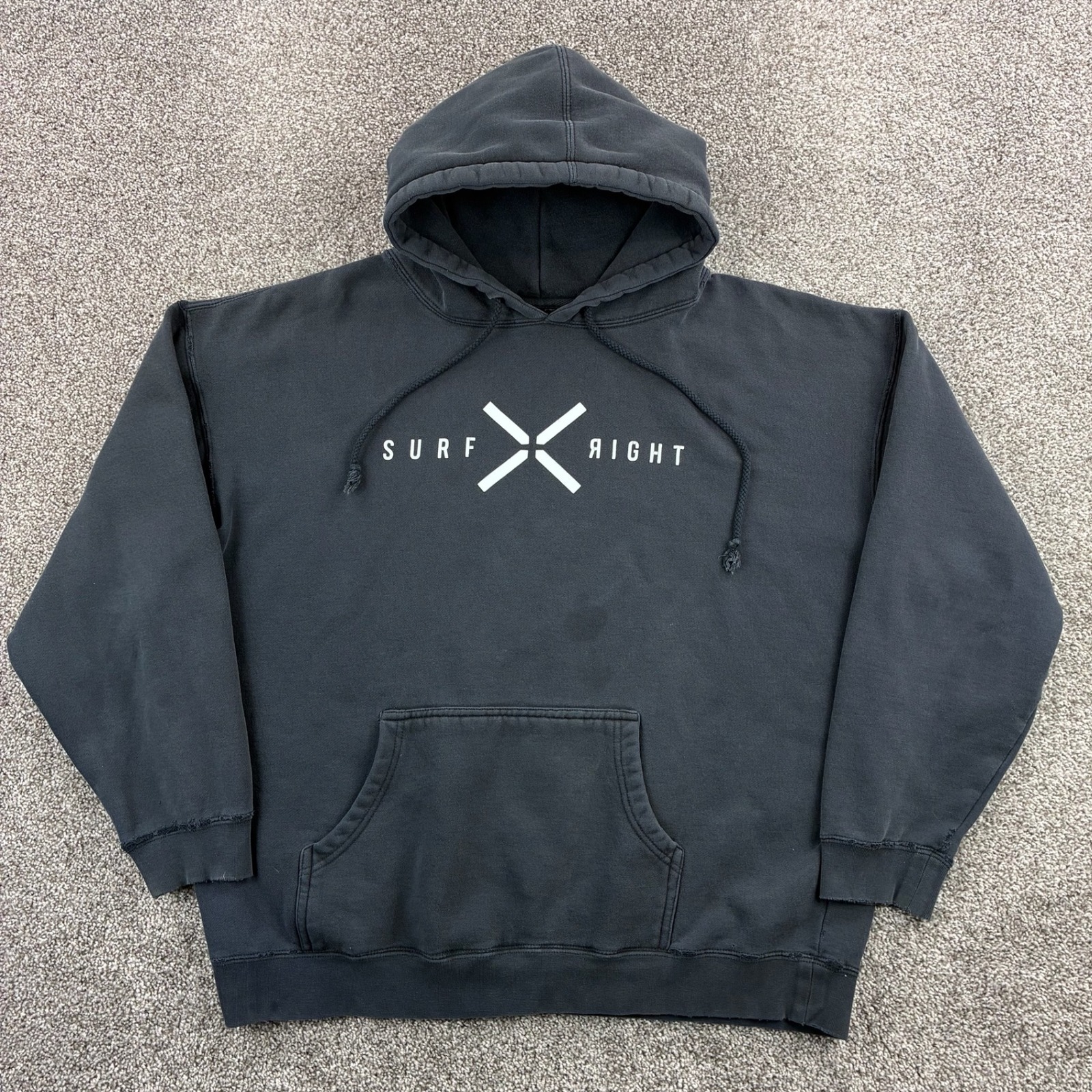 Surf Right Hoodie Mens Xl Faded Black Pullover Sweatshirt Surfing Beach Waves